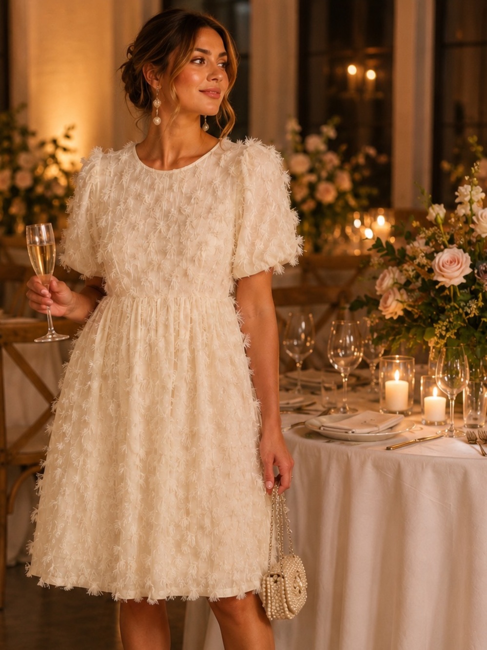 Sister Jane Ivory Textured Faux Feather Puff Sleeve Dress US 4 S